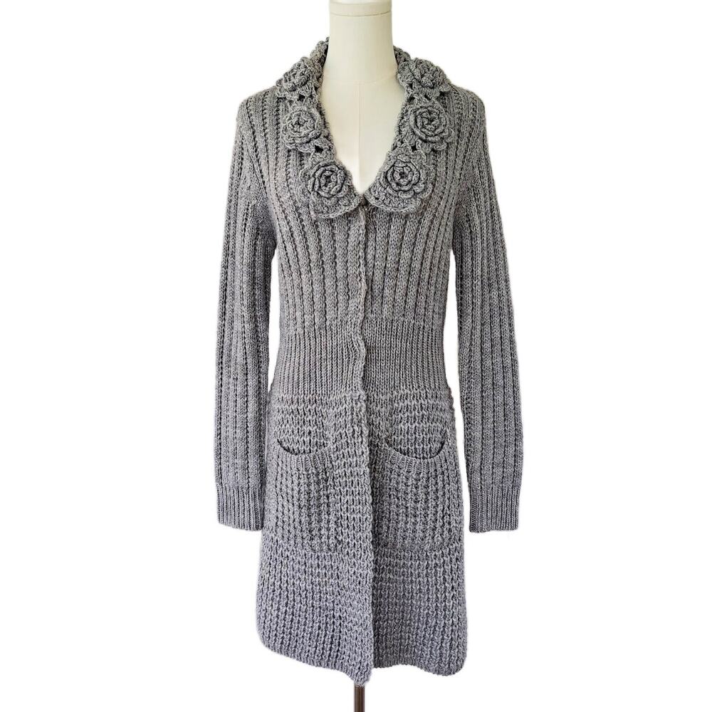 BOSTON PROPER Chunky Long Duster Sweater Vintage Floral Coquette Boho Gray
